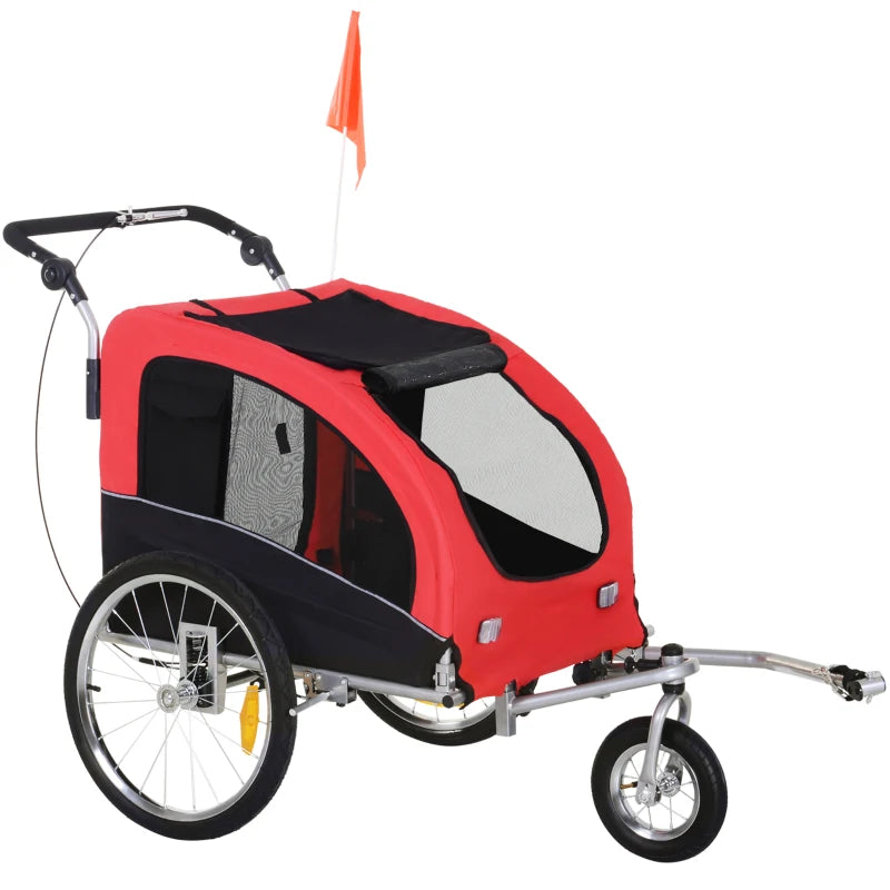 Rimorchio Bici per Cani Taglia Media a 2 Ingressi con Finestrelle e Tettuccio Apribile, 126-155x83x108 cm, Rosso GB65663-1289GB6