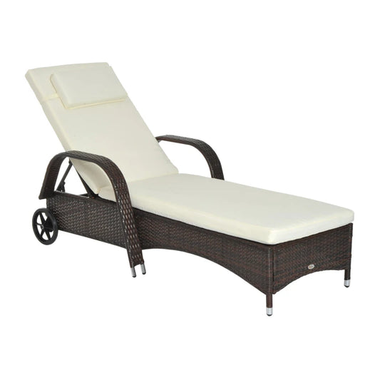 Lettino Prendisole da Giardino con Ruote, Sedia a Sdraio per Spiaggia con Altezza Regolabile in Rattan, Marrone e Crema, 200x73x103cm  862-005BN