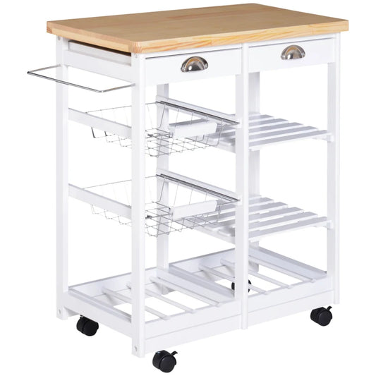 Carrello da Cucina Multiuso con 2 Cassetti, 2 Ripiani e 2 Cesti, in Legno di Pino, 74x37x76 cm, Bianco UY7801-079WTUY7