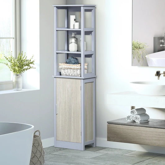 Colonna Bagno con 3 Mensole e Armadietto in Legno MDF 40x30x160, Grigio e Legno Naturale UJ834-471GYUJ8