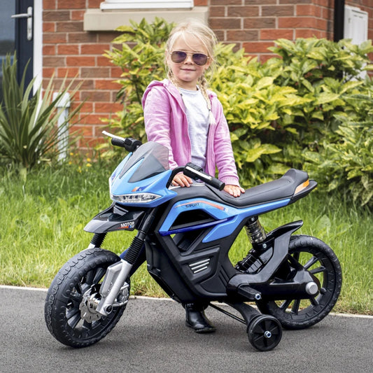 Moto Elettrica per Bambini da 6V con Rotelle e Fari, in PP e Metallo, 105x52.3x62.3 cm, Azzurro e Nero QS8370-068BUQS8