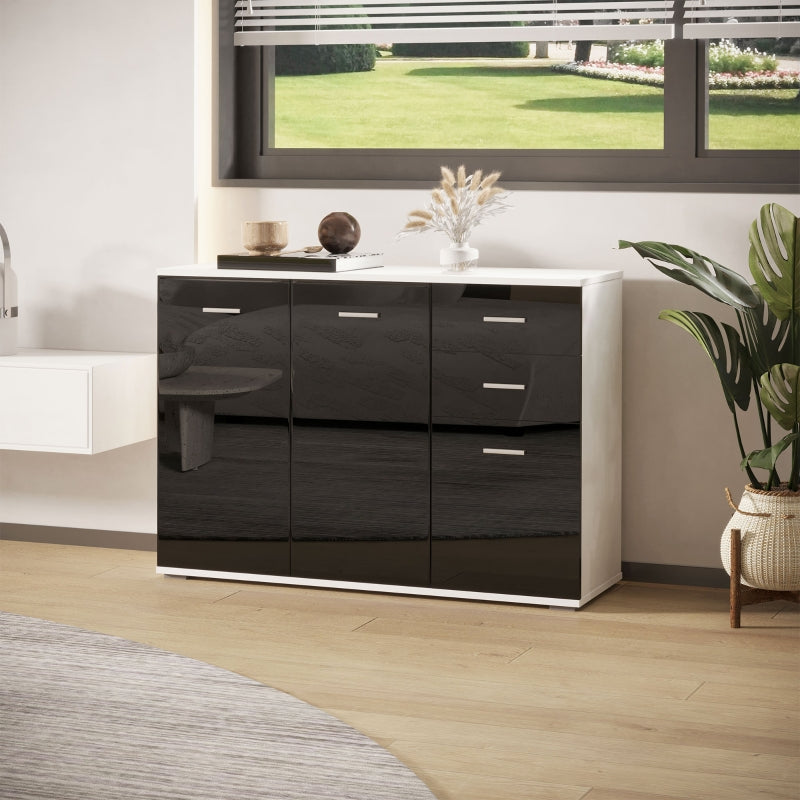 Comò credenza madia Mobiletto per Soggiorno e Camera con 3 ante e 2 cassetti, mobile tv Nero Lucido e bianco, Antigraffio 110 x 35 x 76 cm F02-0670A