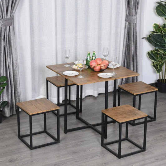 Set 5 Pezzi Tavolo con Sgabelli in Stile Industriale per Cucina, Casa o Ristorante, Nero e Color Legno RF2835-083V01RF2