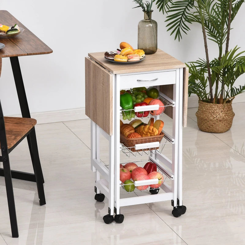 Carrello da Cucina con 3 Cestini, Cassetto e Ribalte, 6 Ruote Girevoli, in MDF e Metallo, 37x37x77.5cm, Bianco e Legno GF2801-125GF2