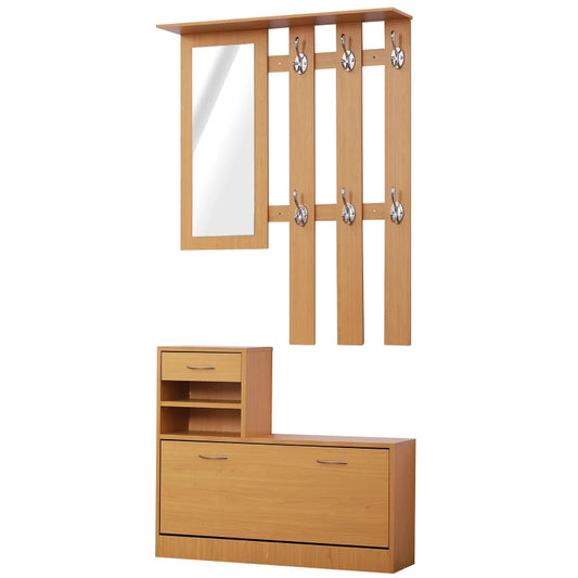 Mobile Guardaroba Scarpiera Regolabile e Specchio con Appendiabiti 6 Ganci per Ingresso e Camera da Letto 90x10x102cm Legno HJ6831-146BNHJ6