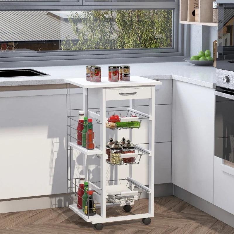 Carrello Isola da Cucina Salvaspazio in Legno di Pino, Carrello Portavivande con 4 Ruote Cassetto 3 Cesti Estraibili Portafrutta, Bianco VB5801-130WTVB5