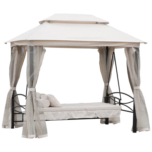 Dondolo 3 Posti e Lettino Singolo Copertura a Gazebo con Zanzariera e Cuscini 256x172x248cm Crema 84A-102