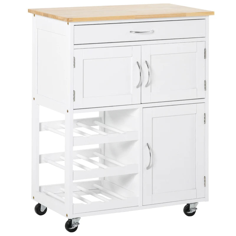 Carrello Portavivande, Carrellino per Cucina in Legno Bianco con Portabottiglie 1 Cassetto e 3 Antine, 67x37x87cm UT8801-179UT8