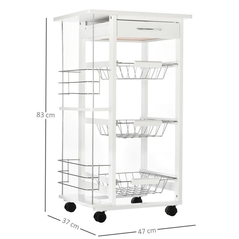 Carrello Isola da Cucina Salvaspazio in Legno di Pino, Carrello Portavivande con 4 Ruote Cassetto 3 Cesti Estraibili Portafrutta, Bianco VB5801-130WTVB5