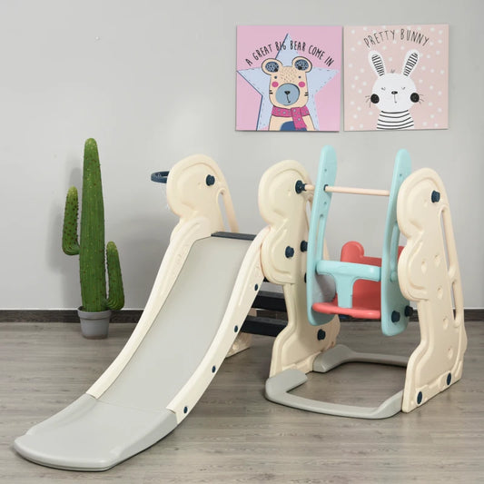 Scivolo 3 in 1 per Bambini con Altalena Regolabile, Canestro e Palle per Cameretta e Giardino, 160x220x120cm, Bianco, Azzurro e Grigio ED9331-002ED9