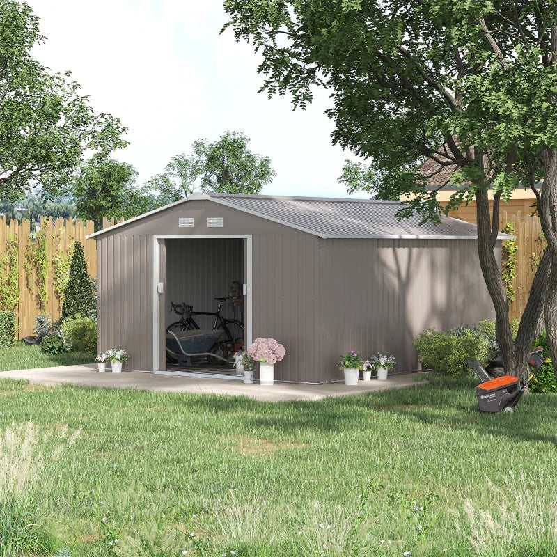 Casetta da Giardino con Porte Scorrevoli e Tetto Inclinato, in Acciaio, 340x386x200 cm, Grigio TH9845-031V01LGTH9