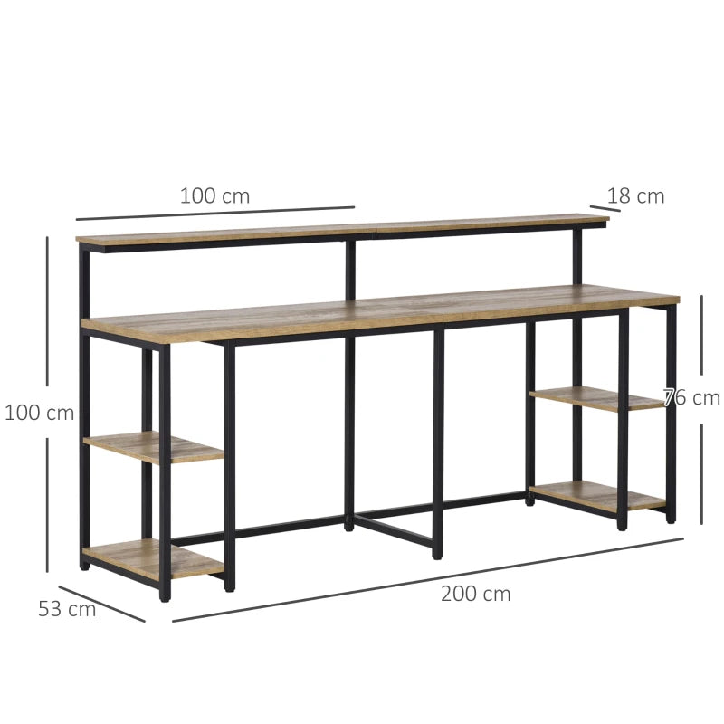 Scrivania Doppia con Scaffali e Mensola per Monitor in Stile Industriale, Scrivania con Libreria Salvaspazio per Ufficio e Studio in Metallo e MDF, 200x53x100cm, Nero Marrone ZX3836-374ZX3