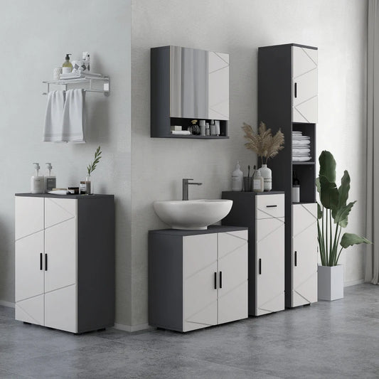 Colonna Bagno in Truciolato con 2 Ripiani Aperti e 2 Armadietti a 2 Livelli, 30x30x183 cm, Grigio QS3834-628V80LGQS3