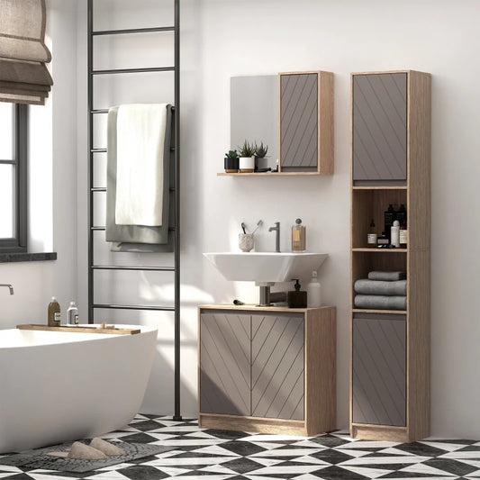 Armadietto Pensile per il Bagno con Mensola e 2 Ripiani, Installazione a Parete, Grigio e Rovere, 57 x 14.2 x 49.2cm TG6834-244TG6