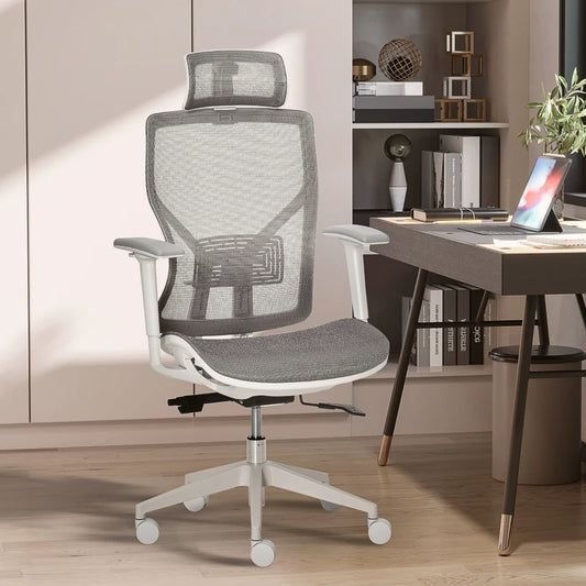 Sedia Ergonomica da Ufficio con Poggiatesta, Inclinazione e Altezza Regolabile, Poltrona Girevole Basculante con Ruote e Schiena in Rete, 67x65x120-128cm, Grigio UN9921-435UN9