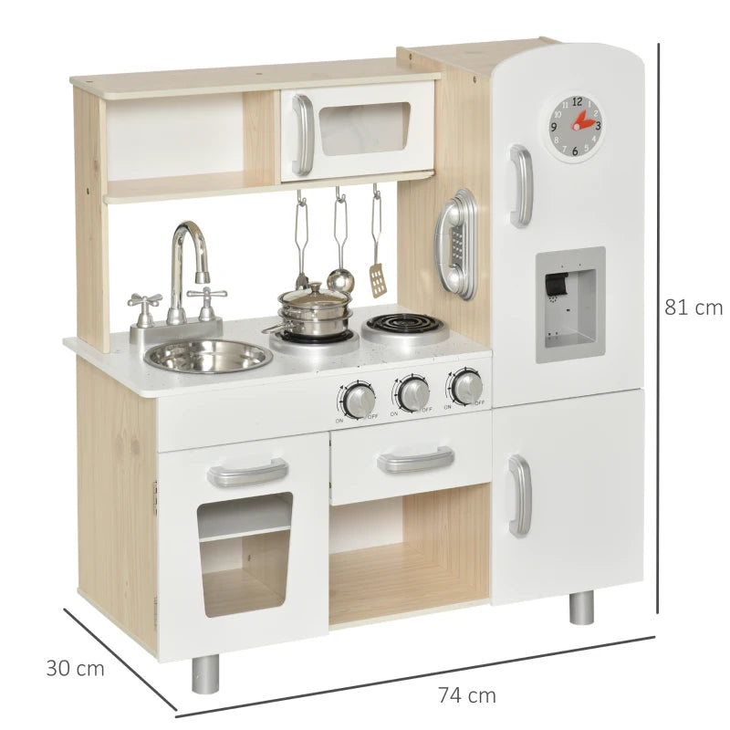 Cucina Giocattolo in Legno per Bambini con Lavandino e Fornelli, Pentole e Utensili in Acciaio, 74x30x81cm, Bianco ME7350-082ME7