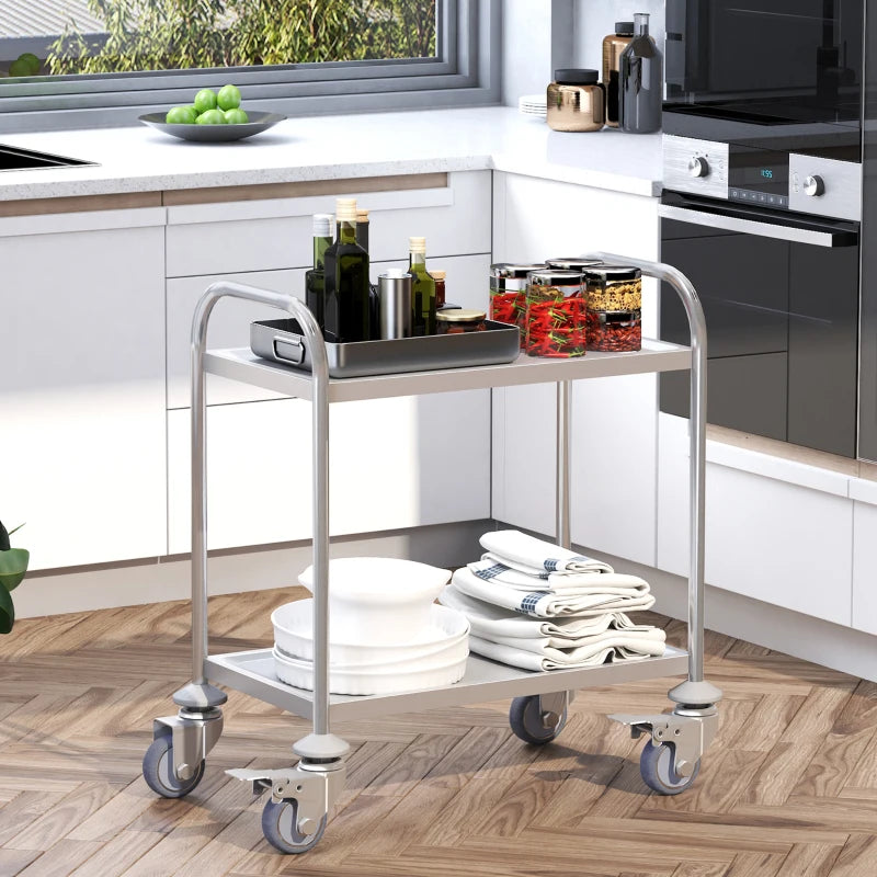 Carrello da Cucina 2 Ripiani con Ruote in Acciaio Inox 71x41x81cm, Argento ER4801-076ER4