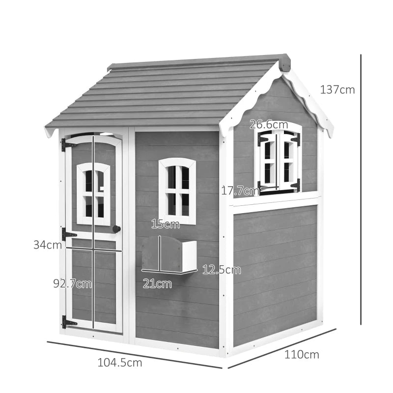 Casetta per Bambini 3-8 Anni con 6 Finestre e Fioriera, in Legno di Abete, 104.5x110x137 cm, Grigia YH4345-026V00GYYH4