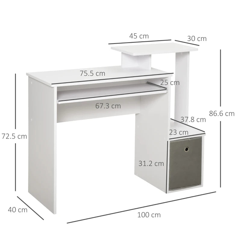 Scrivania Moderna per PC con Mensola Porta Tastiera, Ripiano e Cassetto in Tessuto, in Legno, 100x40x86.6cm, Bianco QE2836-263QE2