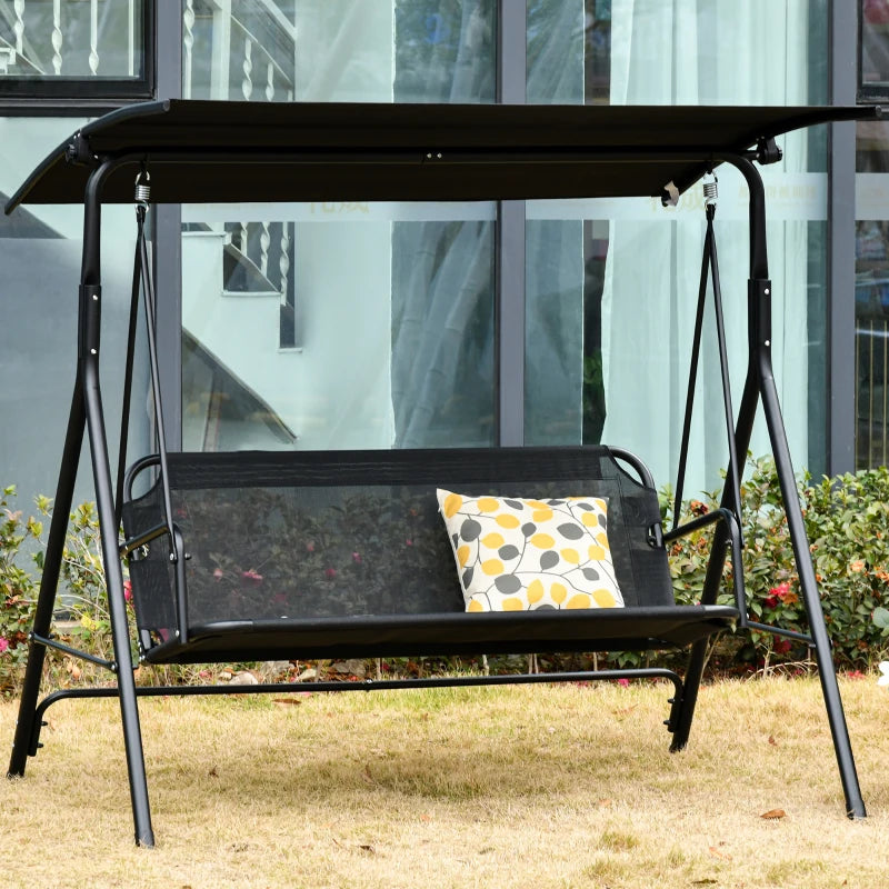 Dondolo da Giardino Terrazza 3 Posti con Tettuccio Regolabile in Metallo e Texteline 172x110x155cm Nero 84A-181BK