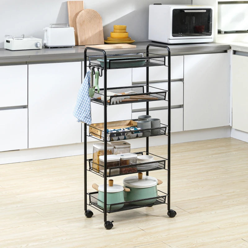 Carrello da Cucina Salvaspazio a 5 Livelli con Cestini a Rete in Acciaio, 45x26.5x106cm, Nero TW9850-164TW9