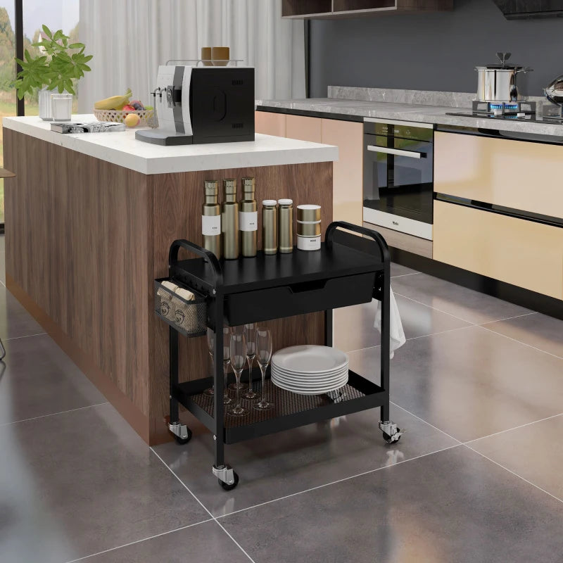 Carrello da Cucina con Cesto, Cassetto Estraibile e 3 Ganci, in PP e Metallo, 61x32.6x58.5 cm, Nero MJ6850-276V00BKMJ6