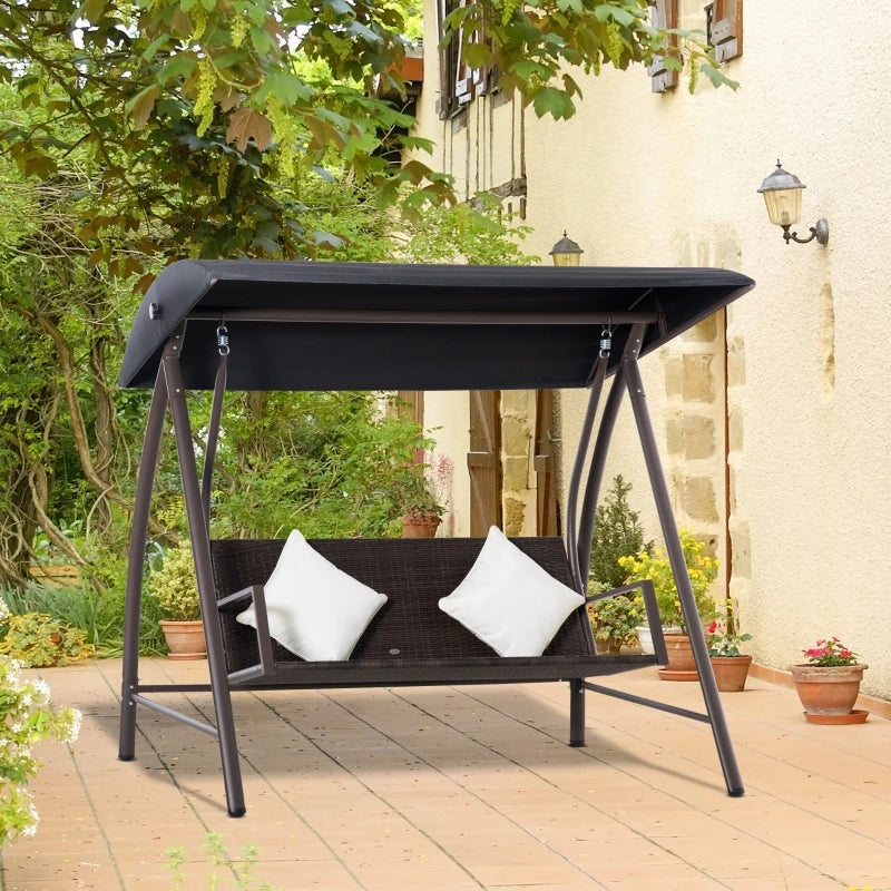 Dondolo da Giardino 3 Posti in Rattan PE e Metallo con Cuscini e Tetto Parasole, 198x124x179cm, Marrone 867-106BN