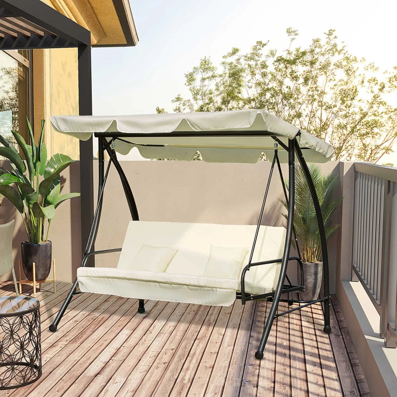 Dondolo da Giardino 3 Posti con Tetto Reclinabile, Convertibile in Letto, 200x125x170 cm, Crema 84A-032