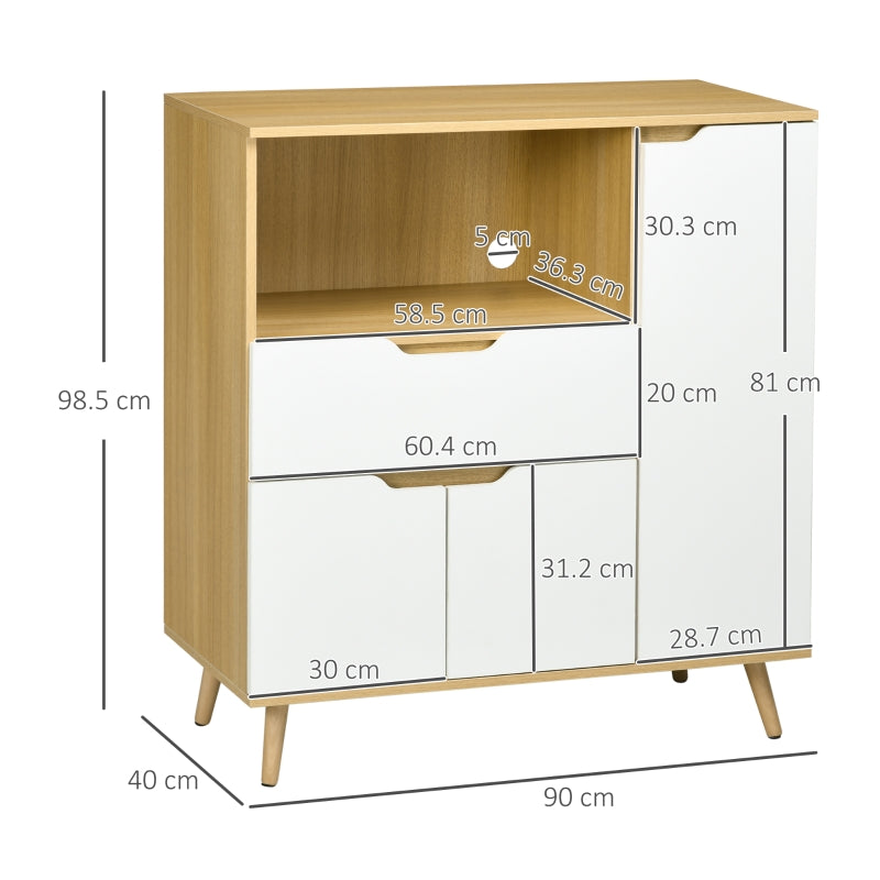 Mobiletto per Microonde con Ripiano Aperto, Armadietti e Cassetto, 90x40x98.5cm Bianco e Legno , credenza madia mobile F835-905V00WTA