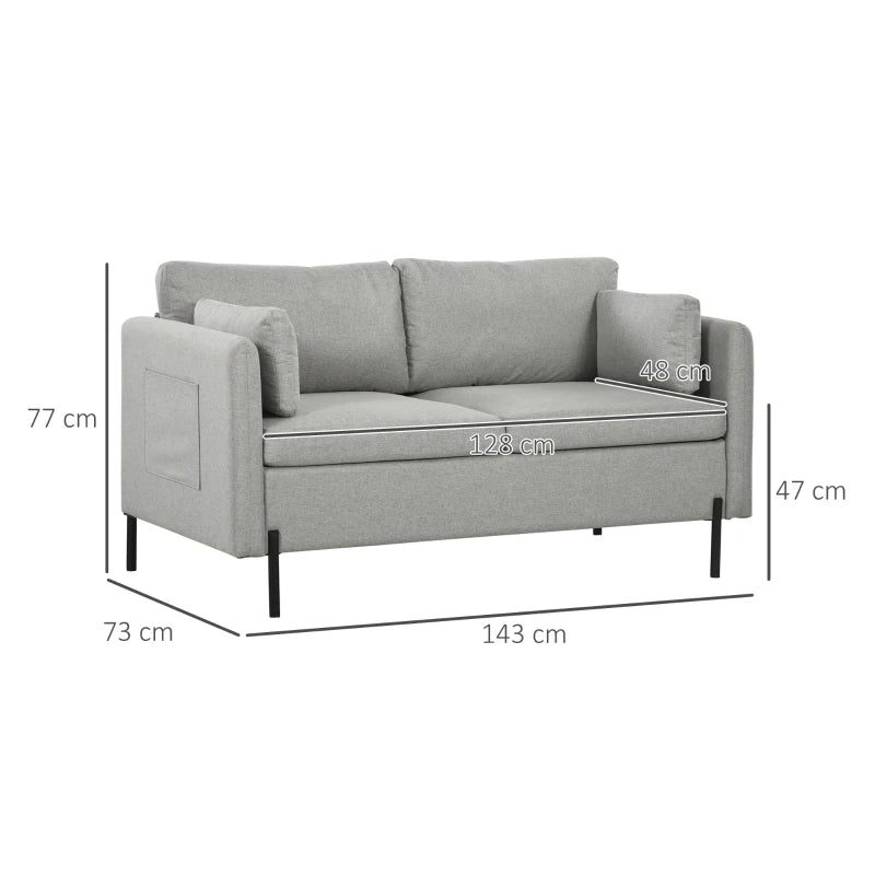 Divano 2 Posti per Soggiorno in Tessuto Effetto Lino e Acciaio con Tasche Laterali, 143x73x77cm, Grigio TY2839-727V00LGFR2