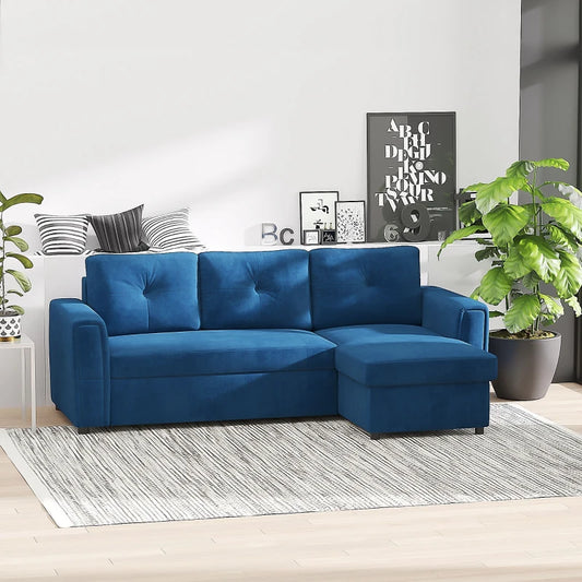 Divano Letto Angolare 3 Posti Effetto Velluto e Chaise Longue con Contenitore, 232x141x85cm, Blu 839-191