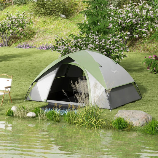 Tenda da Campeggio 3 Posti con Finestra a Rete, in Poliestere, Fibra di Vetro e PE, 210x150x110 cm, Grigio e Verde RJ2A20-407V00GNRJ2