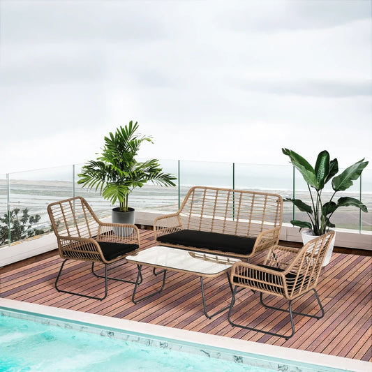 Set Mobili da Giardino Stile Boho in Rattan PE con 2 Poltrone, Divanetto e Tavolino 860-202