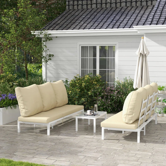 Set 2 Lettini Prendisole con Schienale Regolabile e Tavolino da Giardino in Vetro, Beige 84G-337V00BG