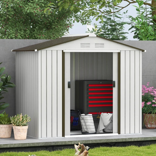 Casetta Porta Utensili in Acciaio, Capanno da Giardino con Porte Scorrevoli, 213x130x185 cm, Bianco GF3845-030WTGF3