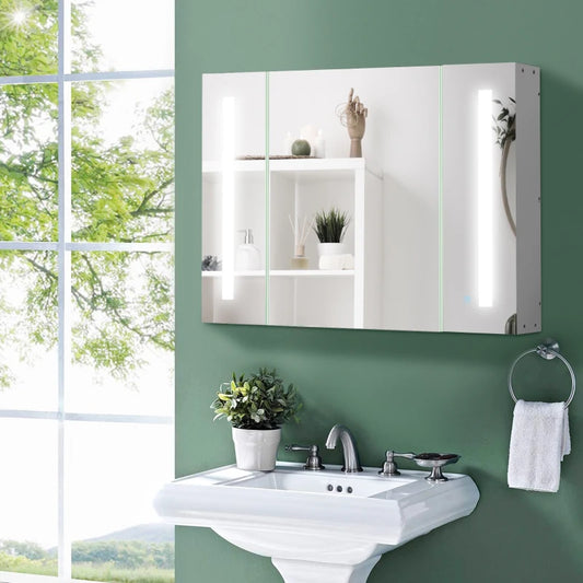 Armadietto Specchiera da Bagno con 3 Armadietti, 3 Ripiani e Luce LED, 90x15x65 cm, Bianco UJ2834-416WTUJ2