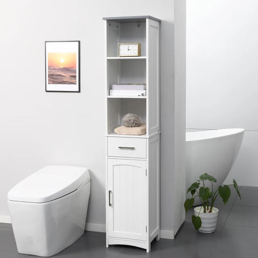 Armadietto Bagno con Scaffale a 3 Livelli, 1 Cassetto e 1 Mobiletto, 34x30x163cm AZ7834-364LGAZ7