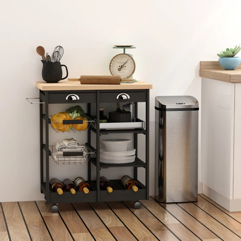 Carrello da Cucina Multiuso in Legno di Pino 74 x 37 x 75cm Nero LK3801-079BKLK3