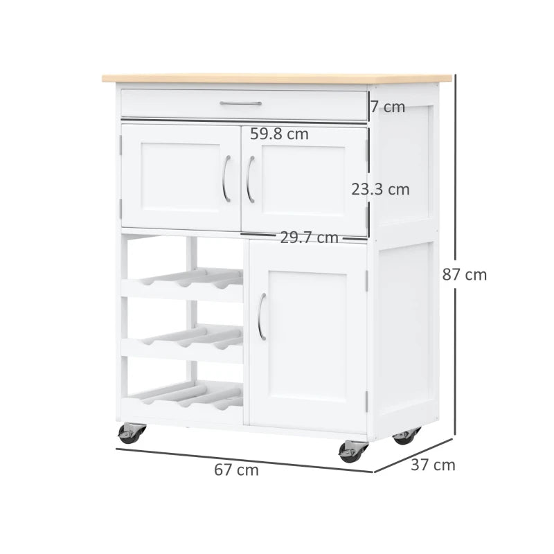 Carrello Portavivande, Carrellino per Cucina in Legno Bianco con Portabottiglie 1 Cassetto e 3 Antine, 67x37x87cm UT8801-179UT8