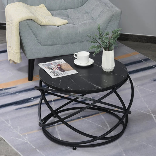 Tavolino da Caffè, Piano d'Appoggio Rotondo con Effetto Marmo e Struttura di Design in Metallo Nero, Φ72 x 48cm ZV5833-824ZV5