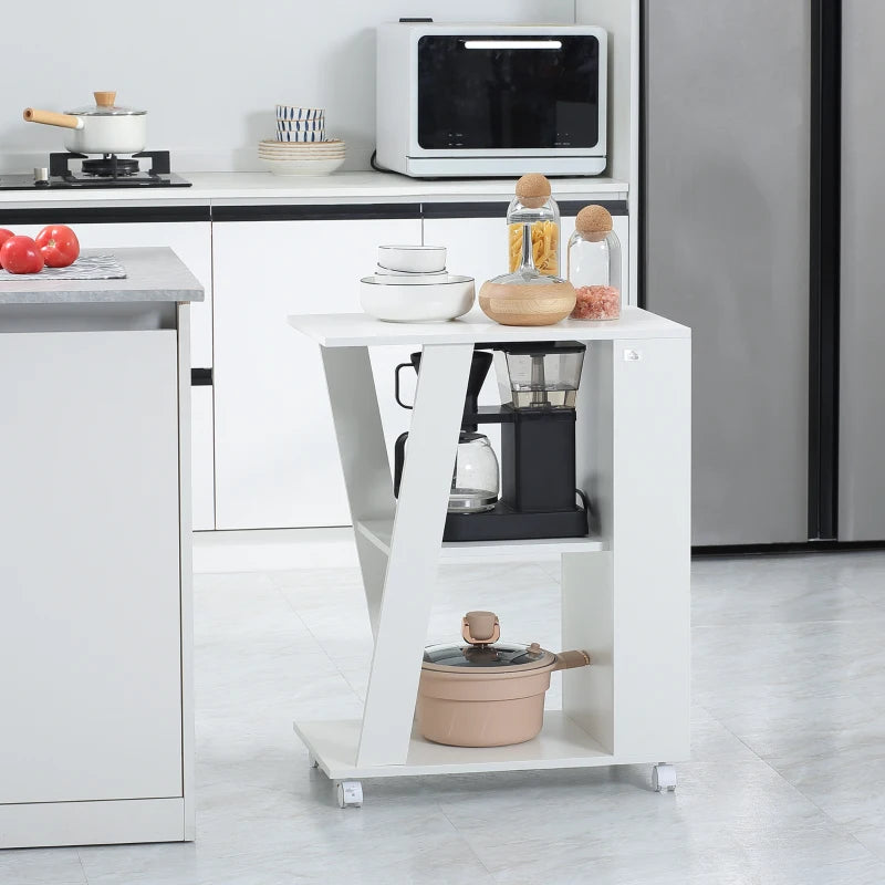 Carrello da Cucina Portavivande in Legno con 2 Ripiani e Ruote, 60x38x77cm, Bianco KJ2801-292V00WTKJ2