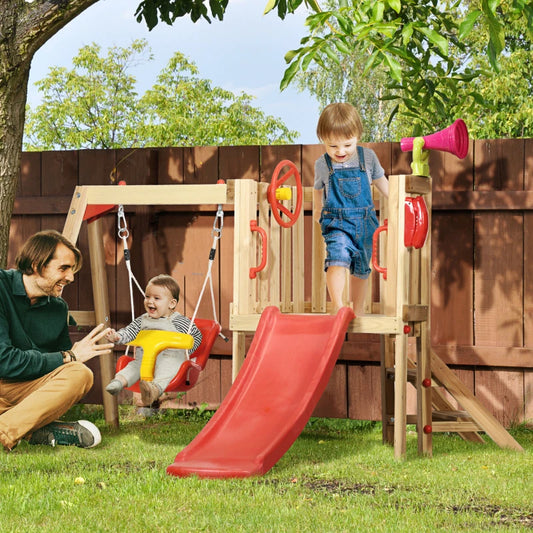 Set con Scivolo e Altalena da Giardino per Bambini Età 18-48 Mesi, in Legno e Plastica, Rosso UJ4344-070V00RDUJ4