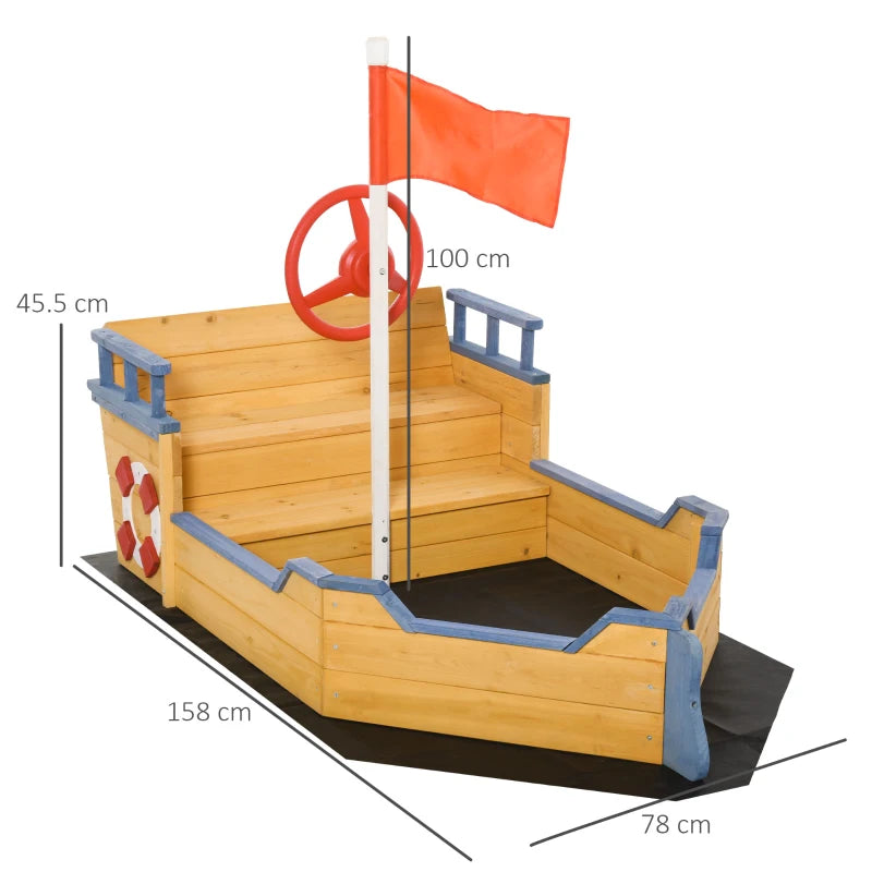 Sabbiera per Bambini in Legno a Forma di Nave dei Pirati con Vano Contenitore, 158x78x45.5 cm YS3343-022V01YS3