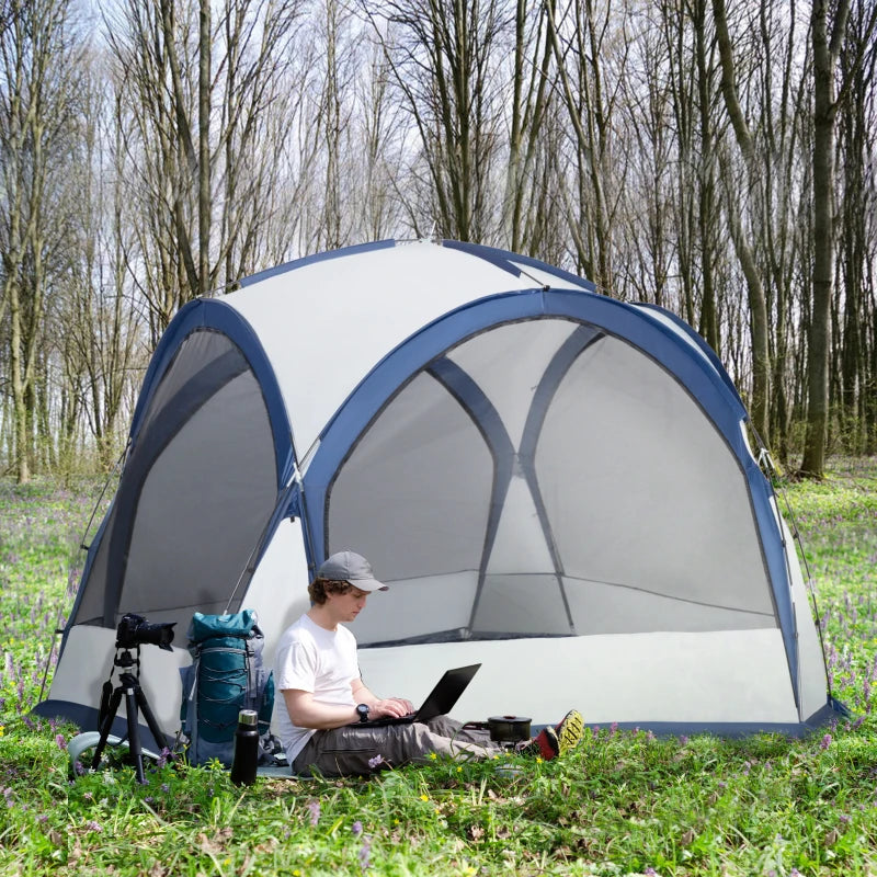 Tenda da Campeggio 3 Posti con 4 Porte a Cerniera, Zanzariera e Gancio, 350x350x230cm, Bianca e Blu EX2A20-232EX2