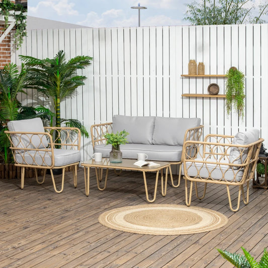 Salotto da Giardino in Rattan Stile Boho con Divano 2 Posti, 2 Poltrone e Tavolino con Vetro 860-287V00YL