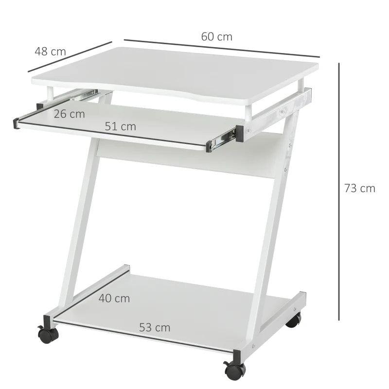 Tavolo Porta PC Classico e Salvaspazio, Piano Tastiera a Scomparsa, 4 Ruote e Ripiano Inferiore Bianco 60x48x73cm QO8836-293WTQO8