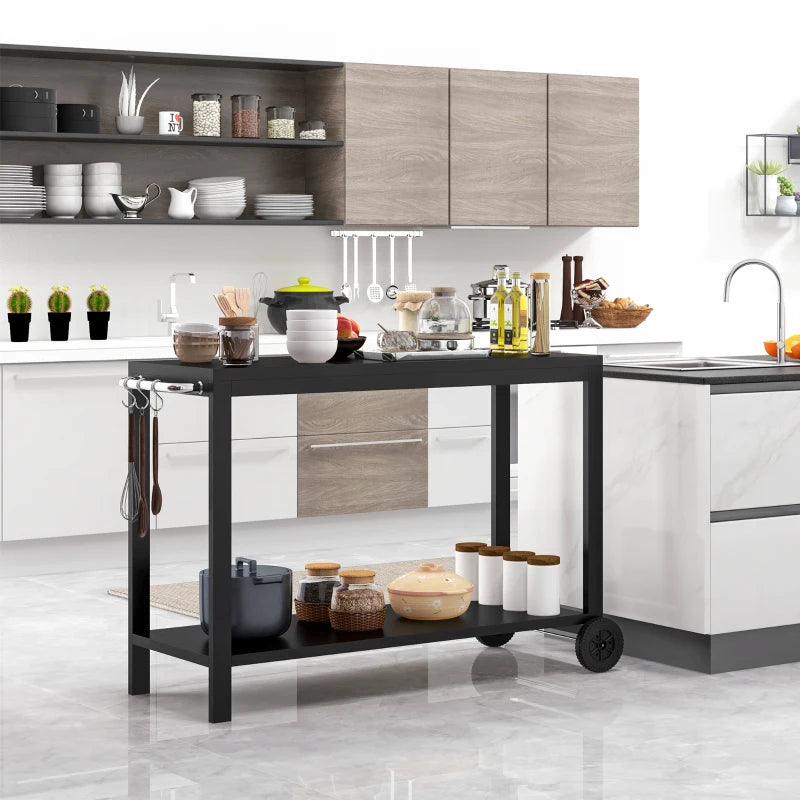 Carrello da Cucina a 2 Livelli con Maniglie e Ganci Laterali, in Acciaio, 135x46.5x86.5 cm, Nero NB6801-135NB6