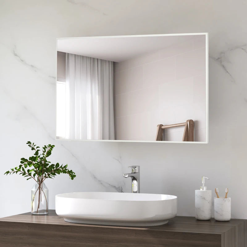 Specchio da Bagno Rettangolare in Truciolato e Vetro con Design a Parete, 104x60 cm, Bianco e Argento YH6834-499V00WTYH6