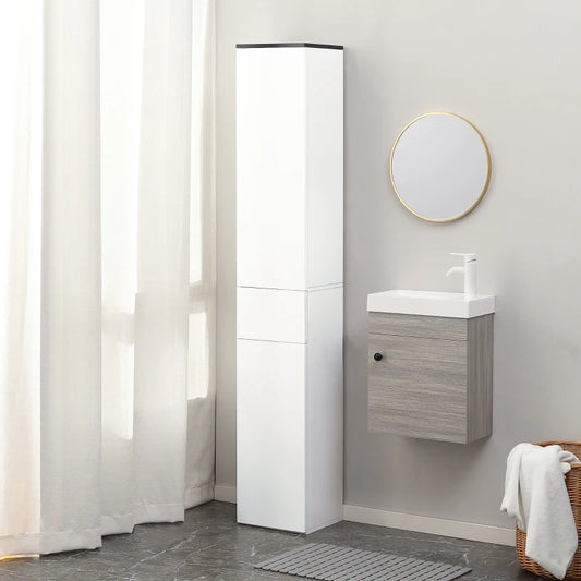 Mobile Bagno con Ripiano Regolabile, 2 Ripiani Chiusi e un Cassetto in Legno, 30x28x180 cm, Bianco GB9834-463GB9