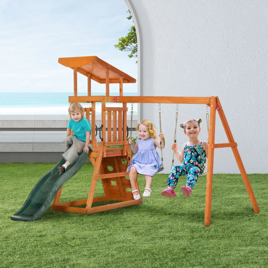 Set con Scivolo, 2 Altalene da Giardino e Parete da Arrampicata in Legno per Bambini Età 3-8 Anni PQ1344-069V00GNPQ1